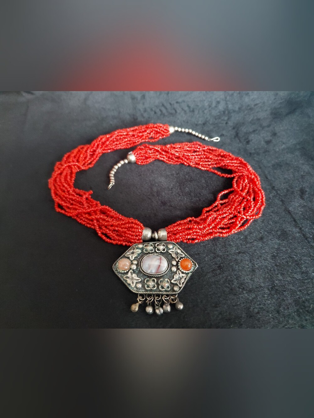 Red Beaded Statement Necklace with Ornate Pendant